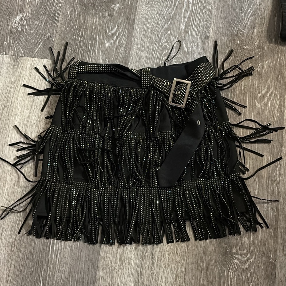 12th Tribe Black Fringe Mini Skirt with Studded Accents
